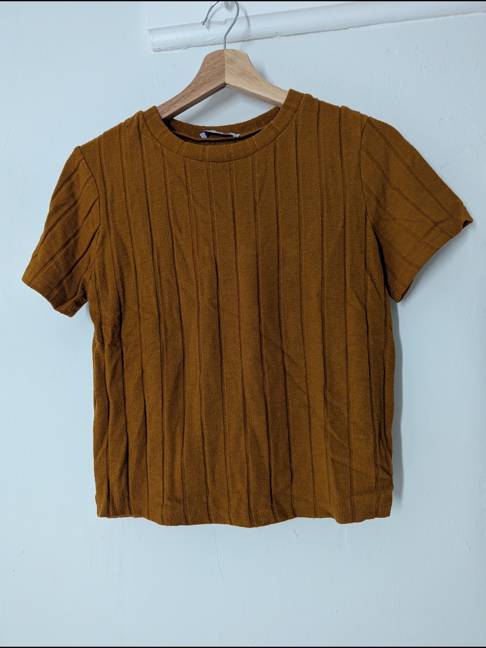 Zara Short Sleeve Ribbed Tee in Mustard Brown
